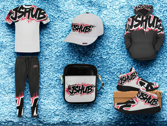 Completa il tuo stile urbano con l’outfit JSHub: grigio scurissimo, bianco sporco e logo all-over graffiti