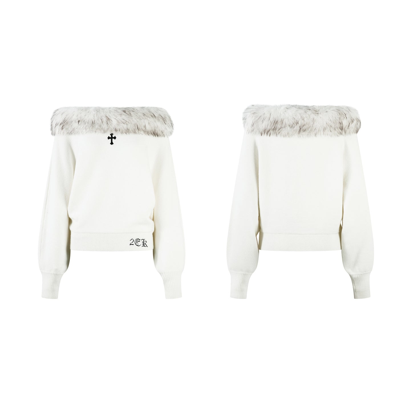 Maglione Donna Streetwear Off Shoulder Bianco Ricamo Croce