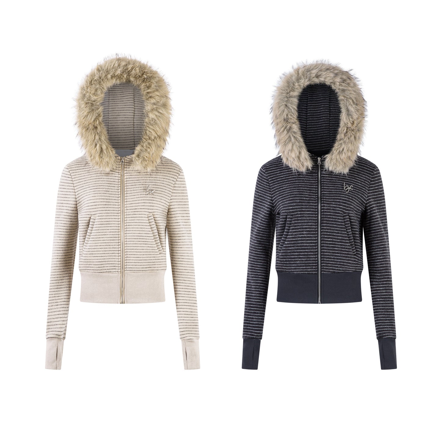 Felpa Donna Streetwear a Righe con Cappuccio Pelliccia e Zip