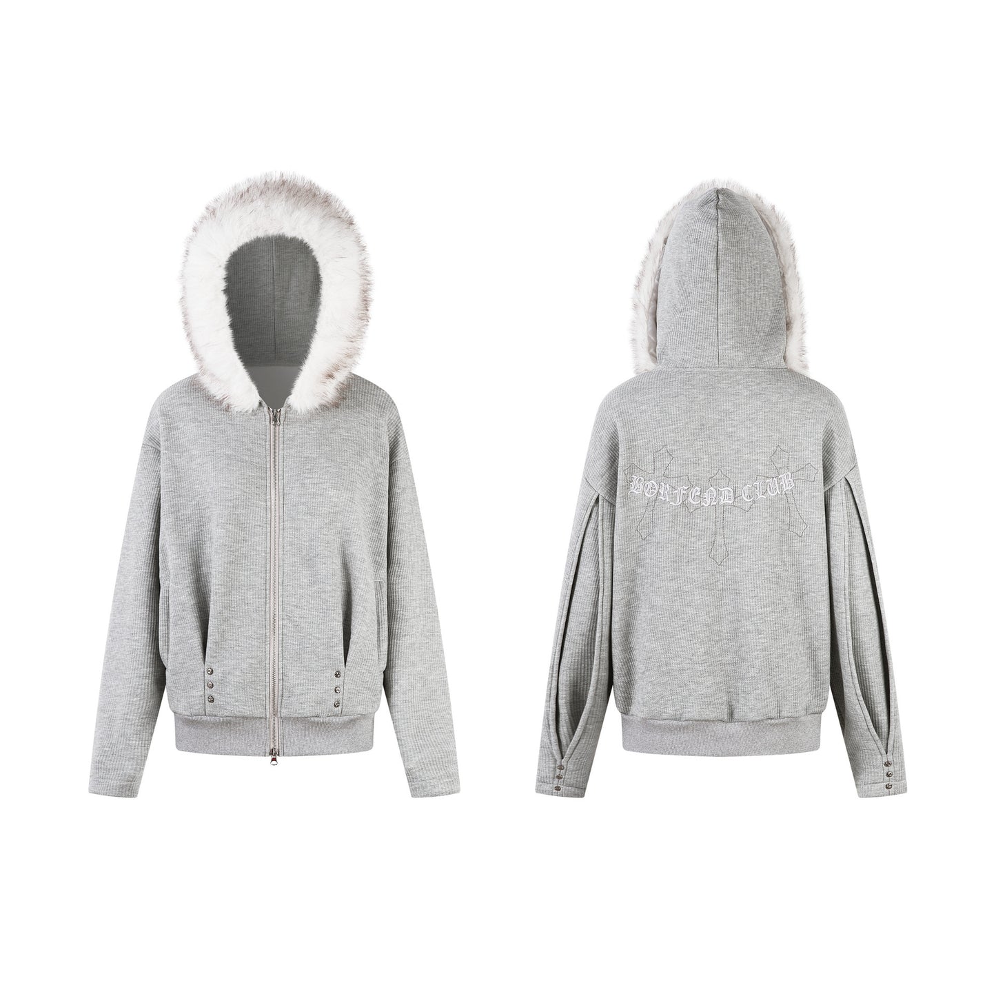 Felpa Uomo Streetwear Grigia con Cappuccio Pelliccia e Zip