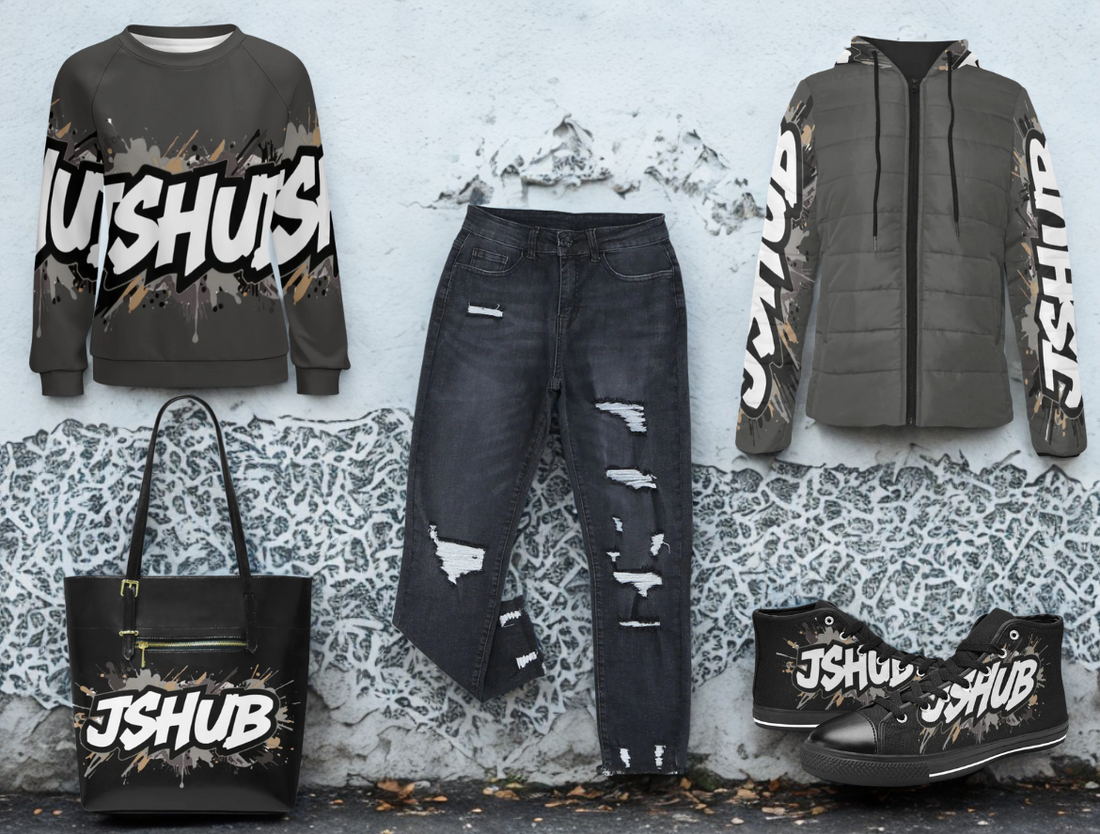 Crea il tuo outfit perfetto con felpa, borsa, jeans, giacca piumino e t-shirt
