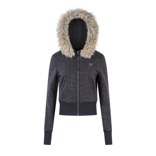Felpa Donna Streetwear a Righe con Cappuccio Pelliccia e Zip