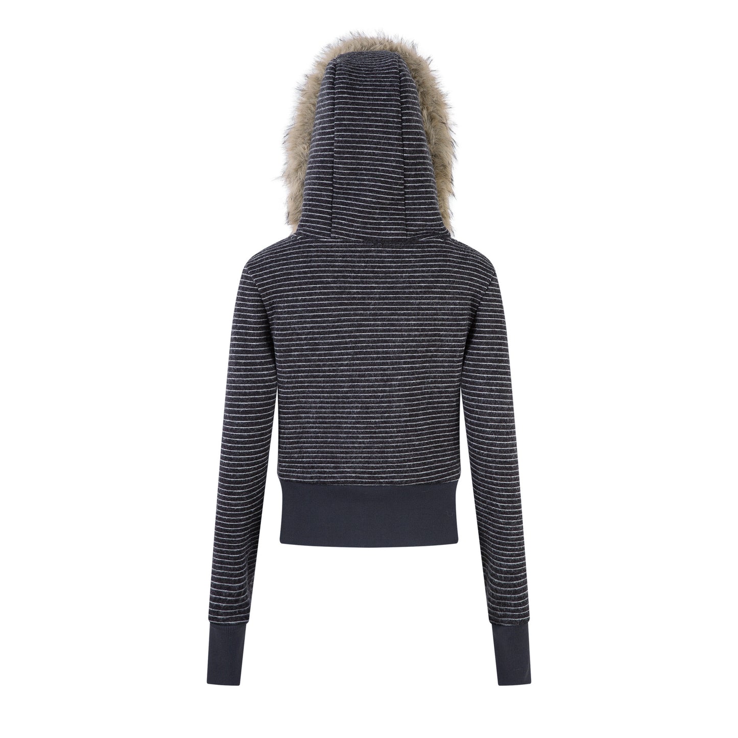 Felpa Donna Streetwear a Righe con Cappuccio Pelliccia e Zip