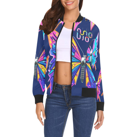Bomber donna Wings of Noise blu stampa all-over streetwear urbano
