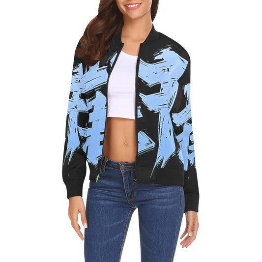Bomber donna Momo Bloom nero stampa all-over turchese streetwear