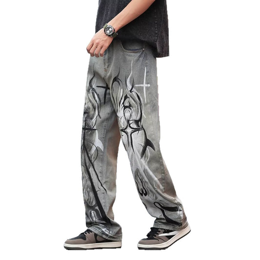 Jeans dritti vintage con graffiti fiamma