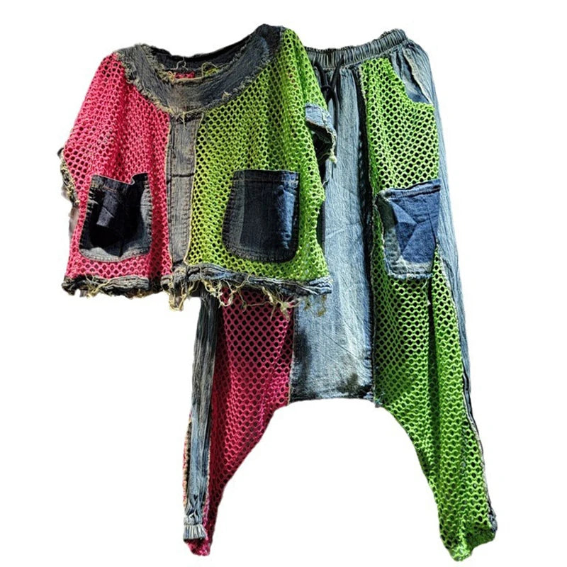 Tuta Street Patchwork Contrast Denim Set
