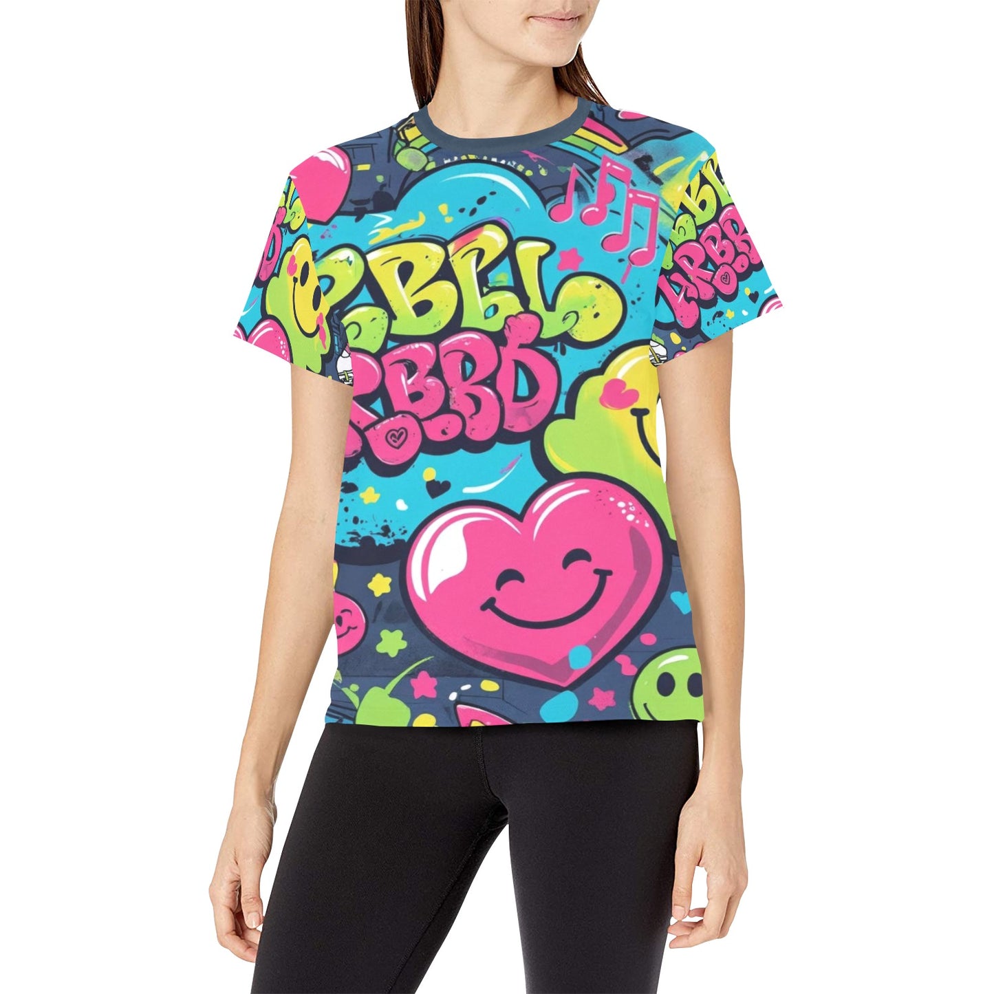 T-shirt Emoji Viber – Donna, Stile Cartoon Urban con Stampa All Over