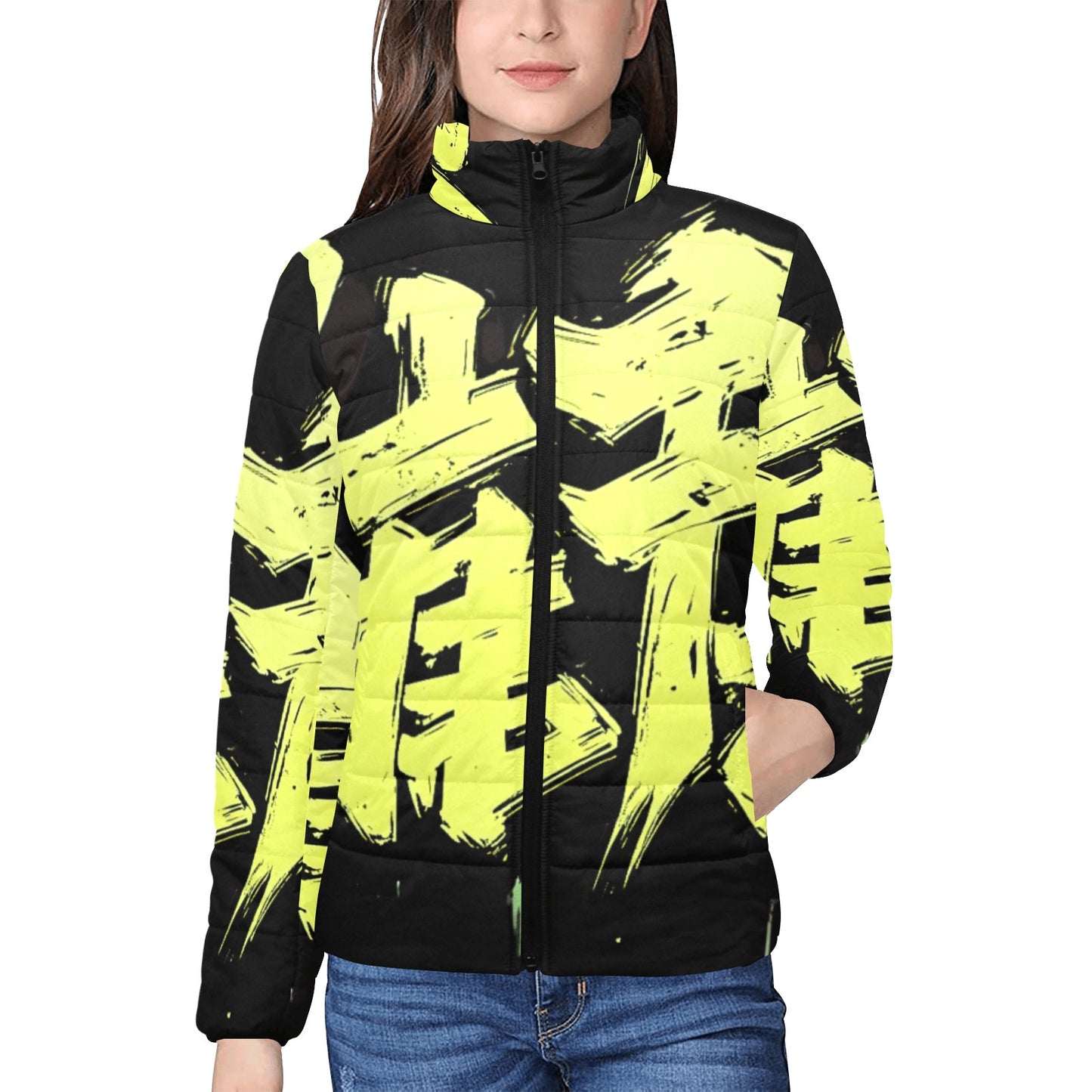 Giacca imbottita donna momo bloom nera con inserto giallo