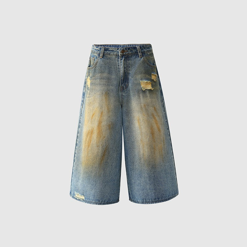 Bermuda denim vintage con strappi e gamba larga