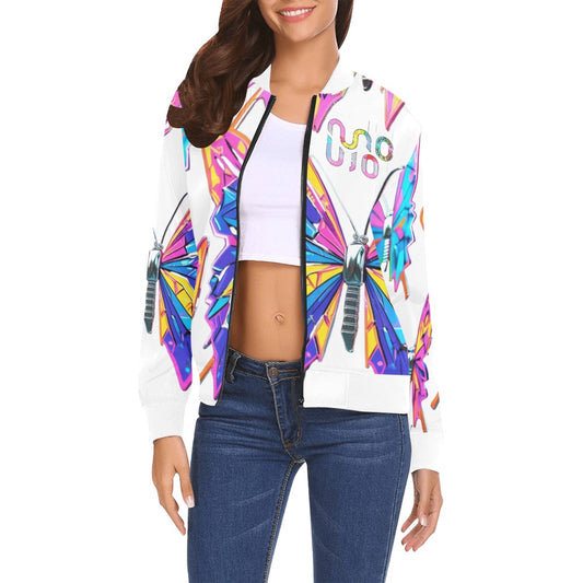 Bomber donna Wings of Noise bianco stampa all-over streetwear urbano