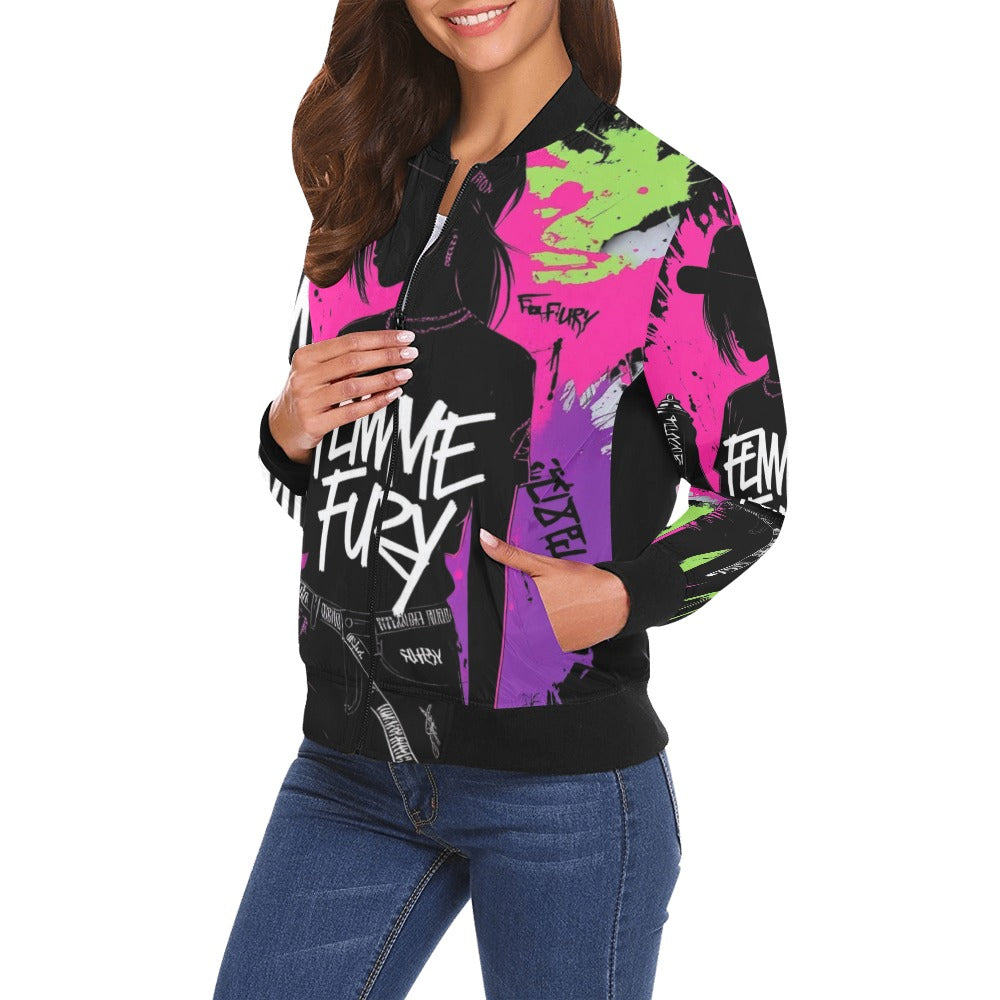 Bomber donna Femme Fury streetwear ribelle con stampa all over