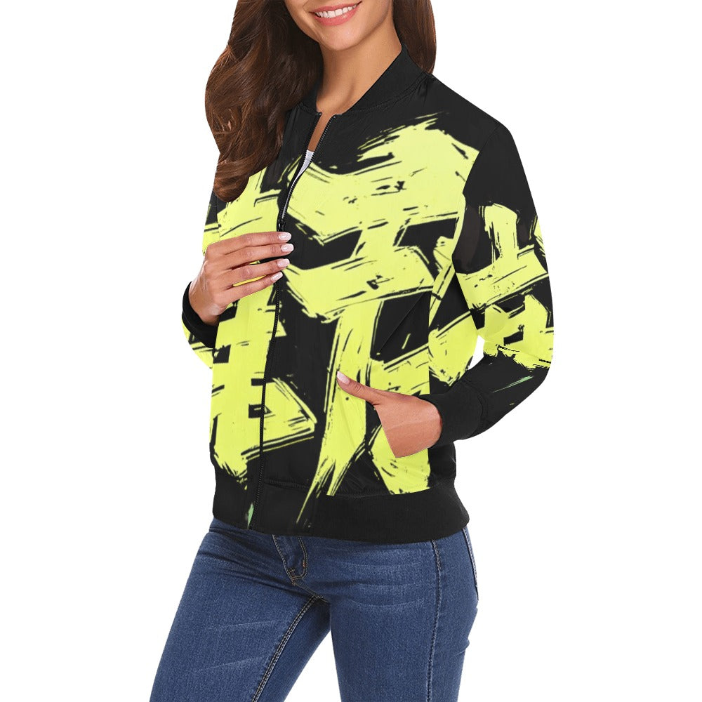 Bomber donna Momo Bloom nero stampa all-over gialla streetwear