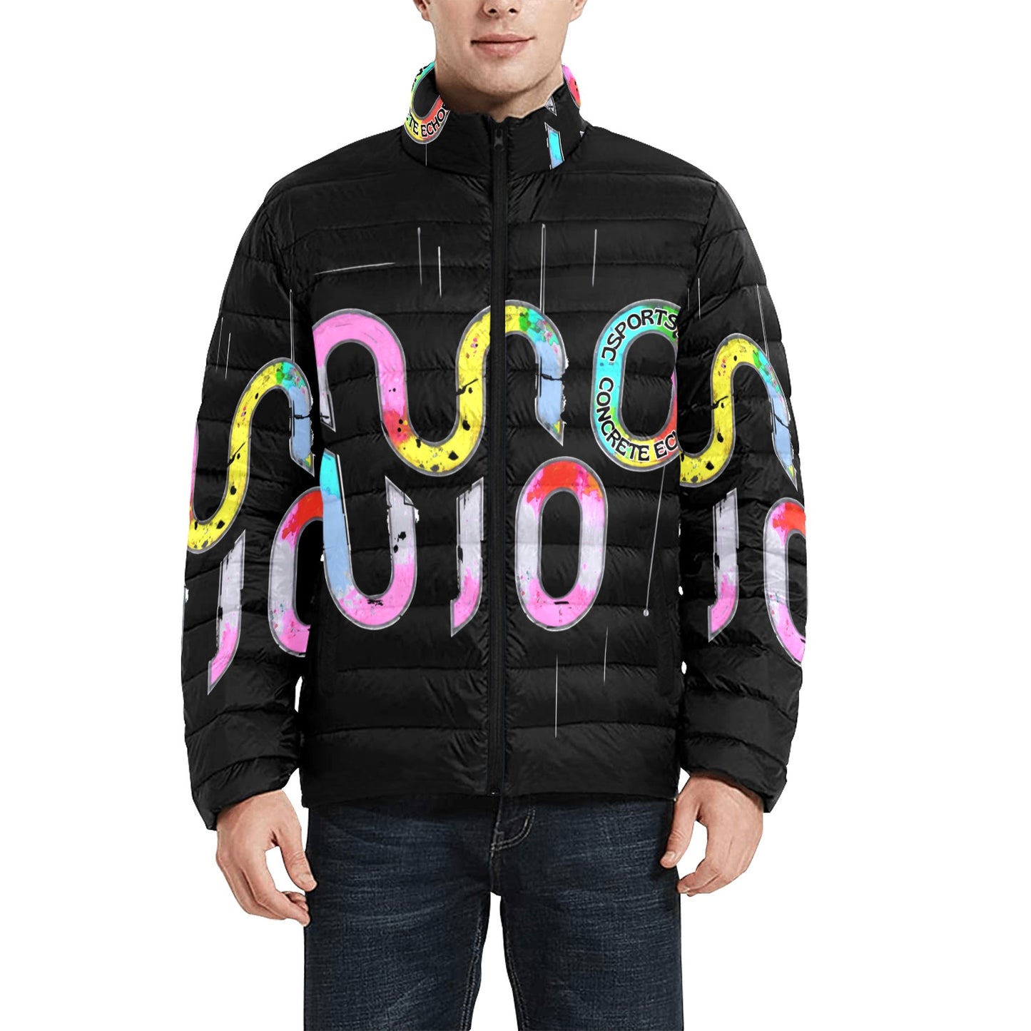 Giacca Bomber Uomo Collezione Concrete Echoes JSHUB – Base Nera Logo Multicolor All Over