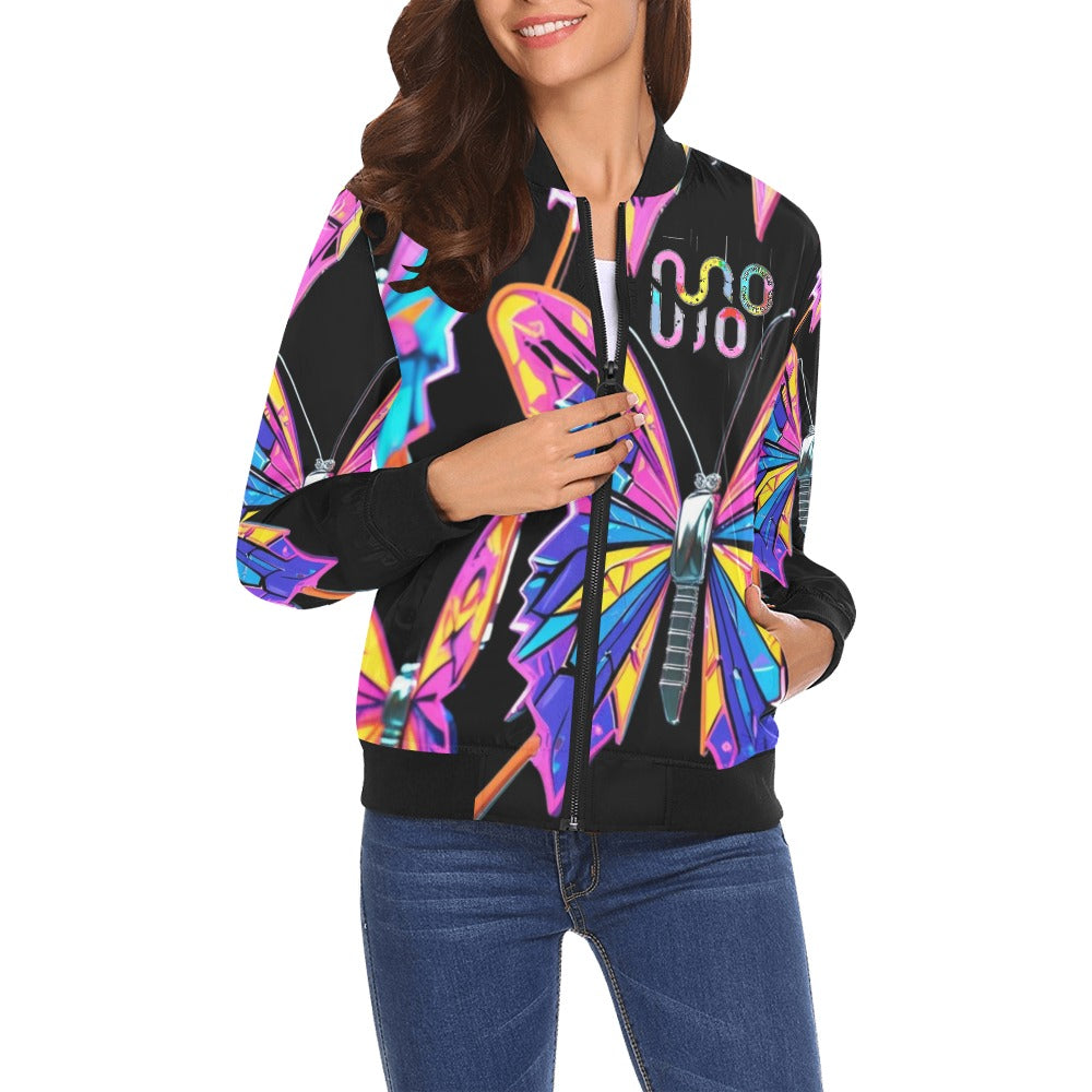 Bomber donna Wings of Noise nero stampa all-over streetwear urbano