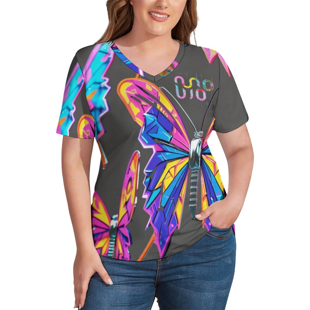 Maglietta donna Wings of Noise scollo a V stampa all-over – 8 varianti colore