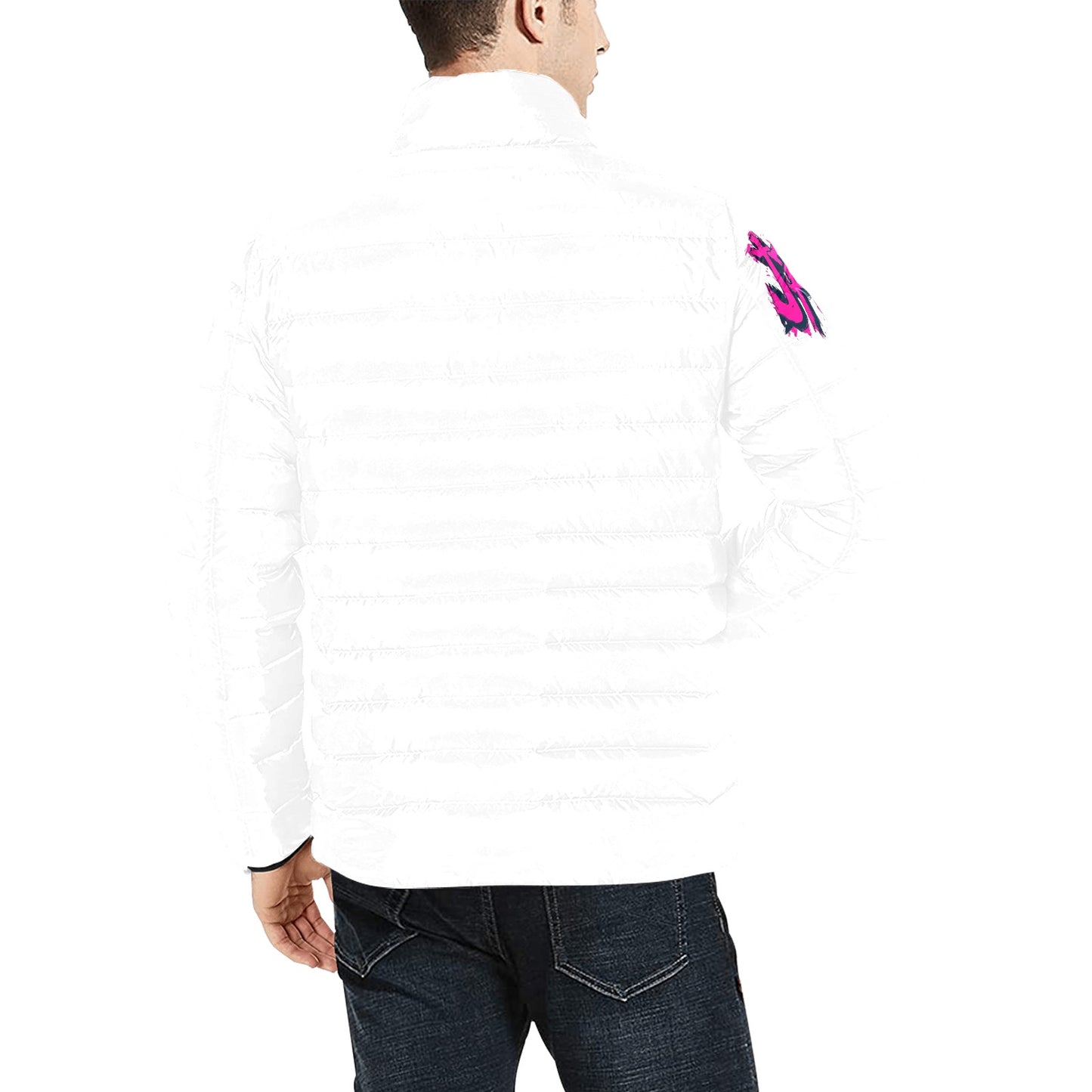 Giacca Bomber Uomo Collezione JSports Momo K44 Neon Pulse ArmTag JSHUB – Base Bianca con Stampa Centrale Fucsia e Tag Spalle