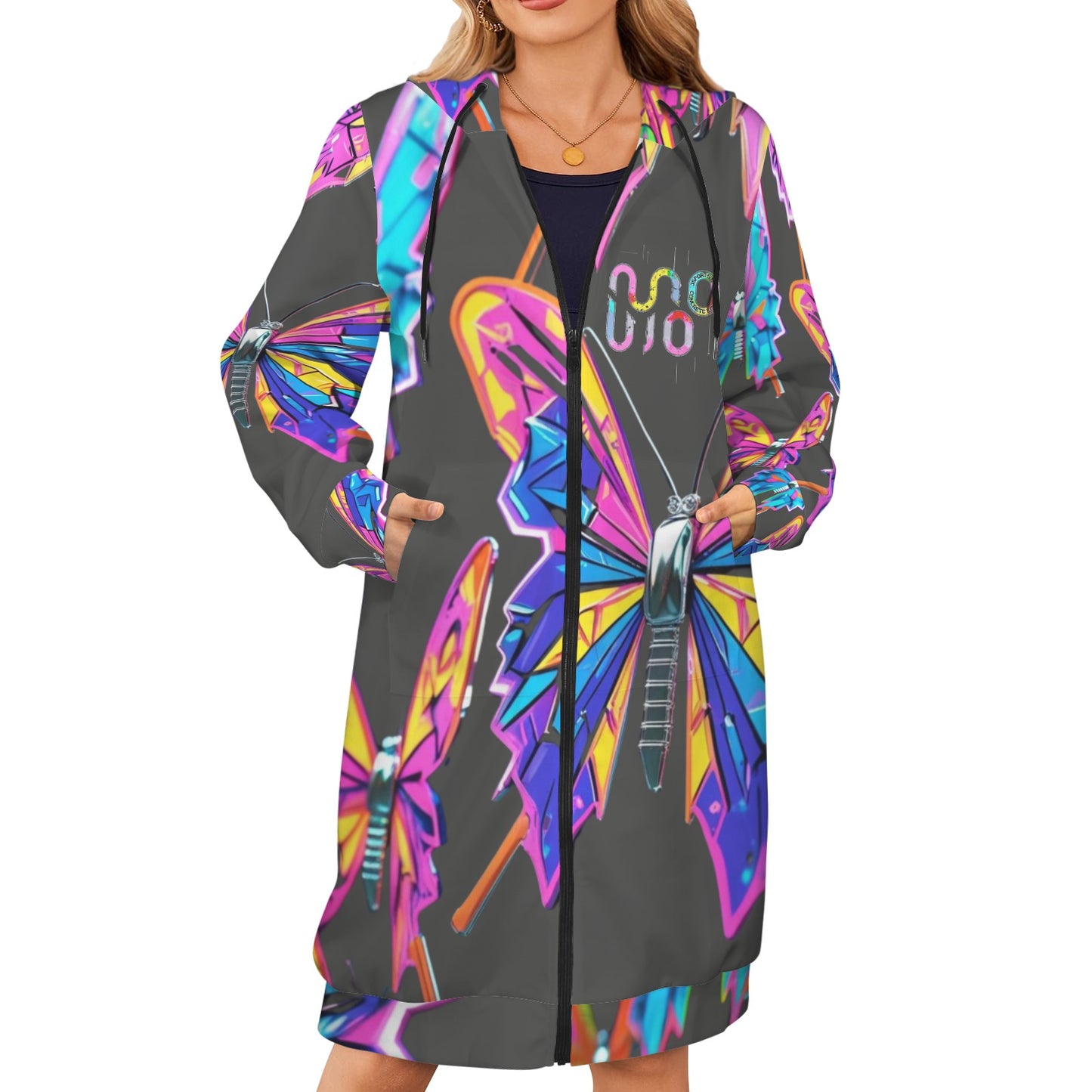 Giacca felpa donna con cappuccio e zip Wings of Noise stampa all-over – 10 varianti colore