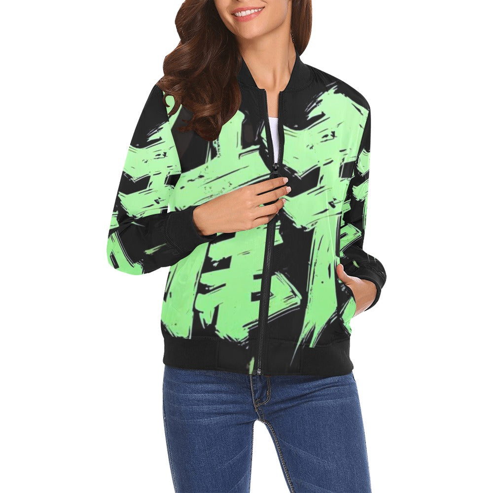 Bomber donna Momo Bloom nero stampa all-over verde lime streetwear