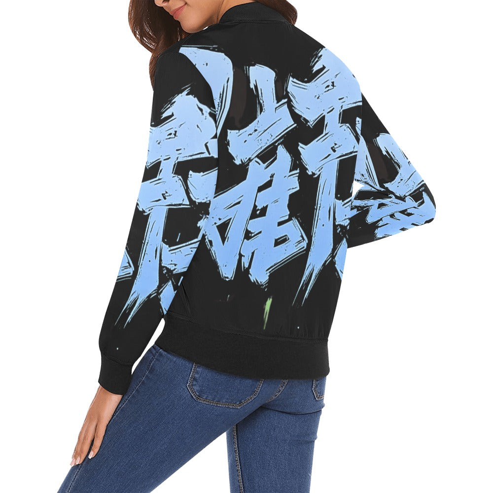 Bomber donna Momo Bloom nero stampa all-over turchese streetwear