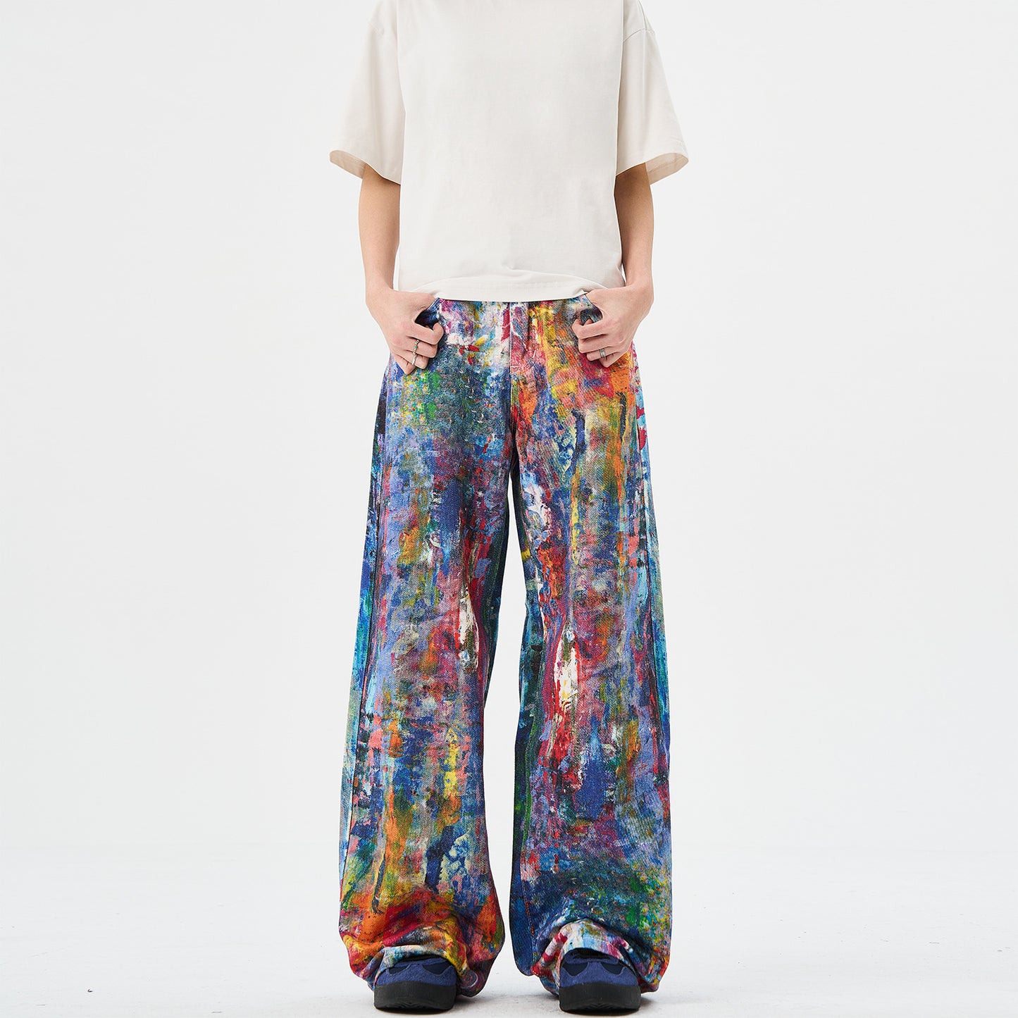 Jeans denim stampa schizzi multicolore