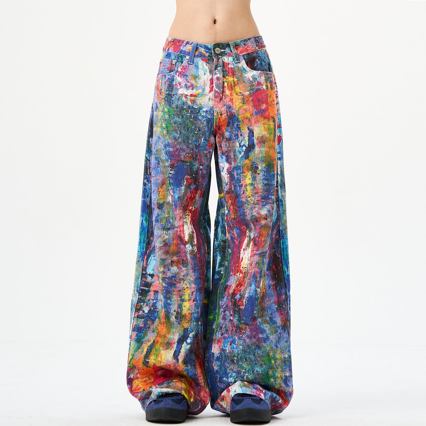 Jeans denim stampa schizzi multicolore