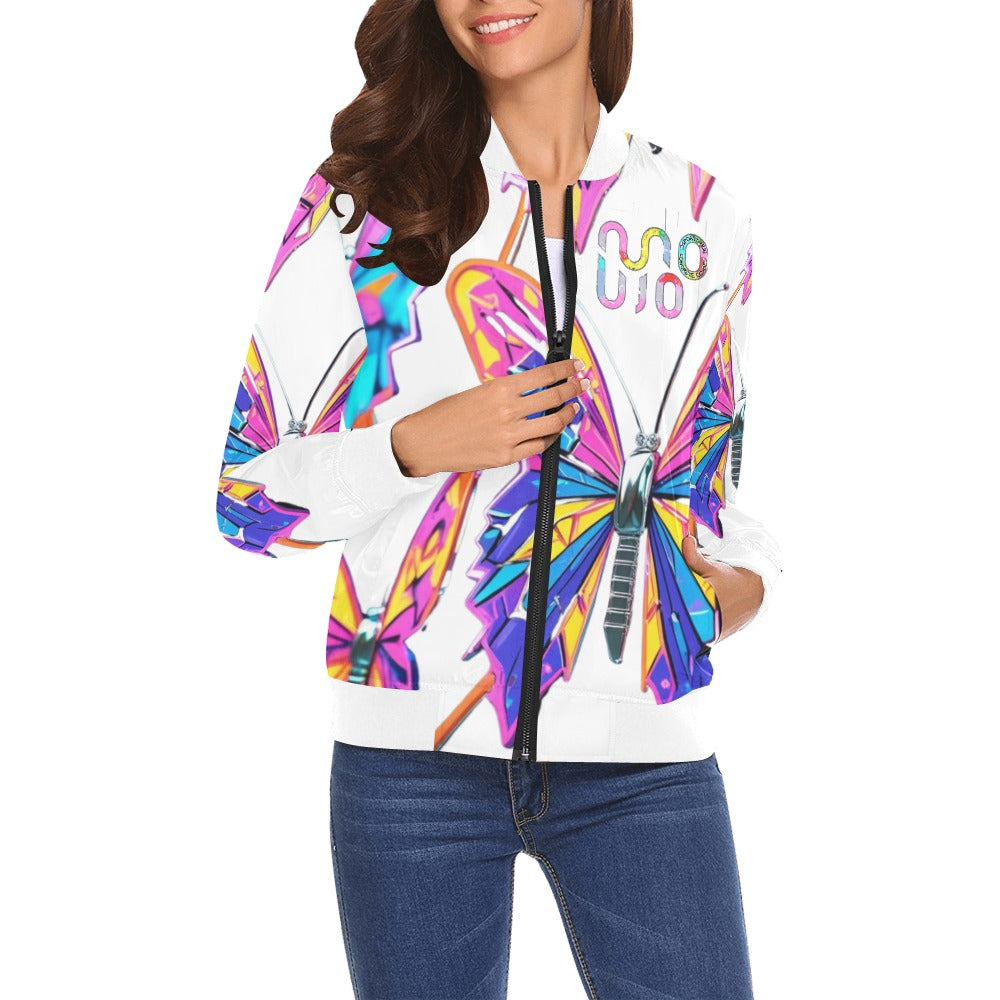 Bomber donna Wings of Noise bianco stampa all-over streetwear urbano