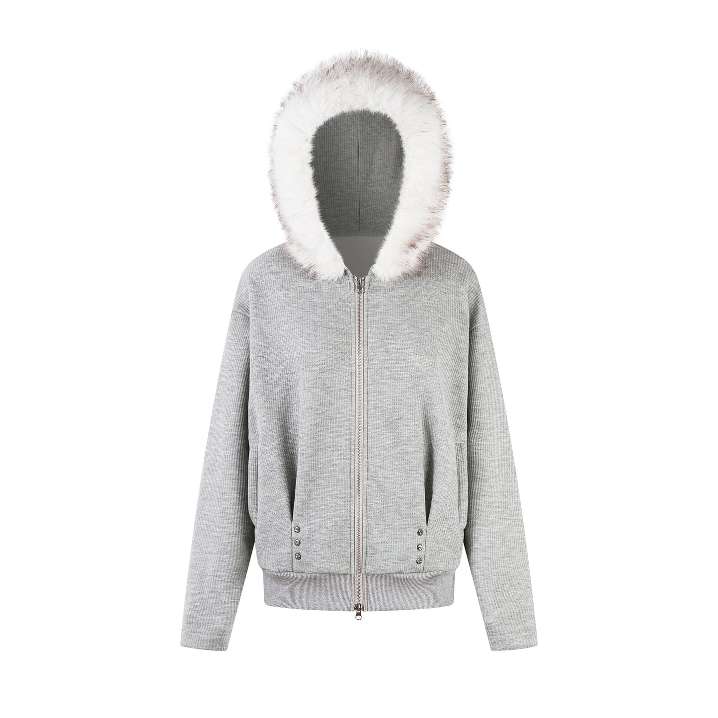 Felpa Uomo Streetwear Grigia con Cappuccio Pelliccia e Zip