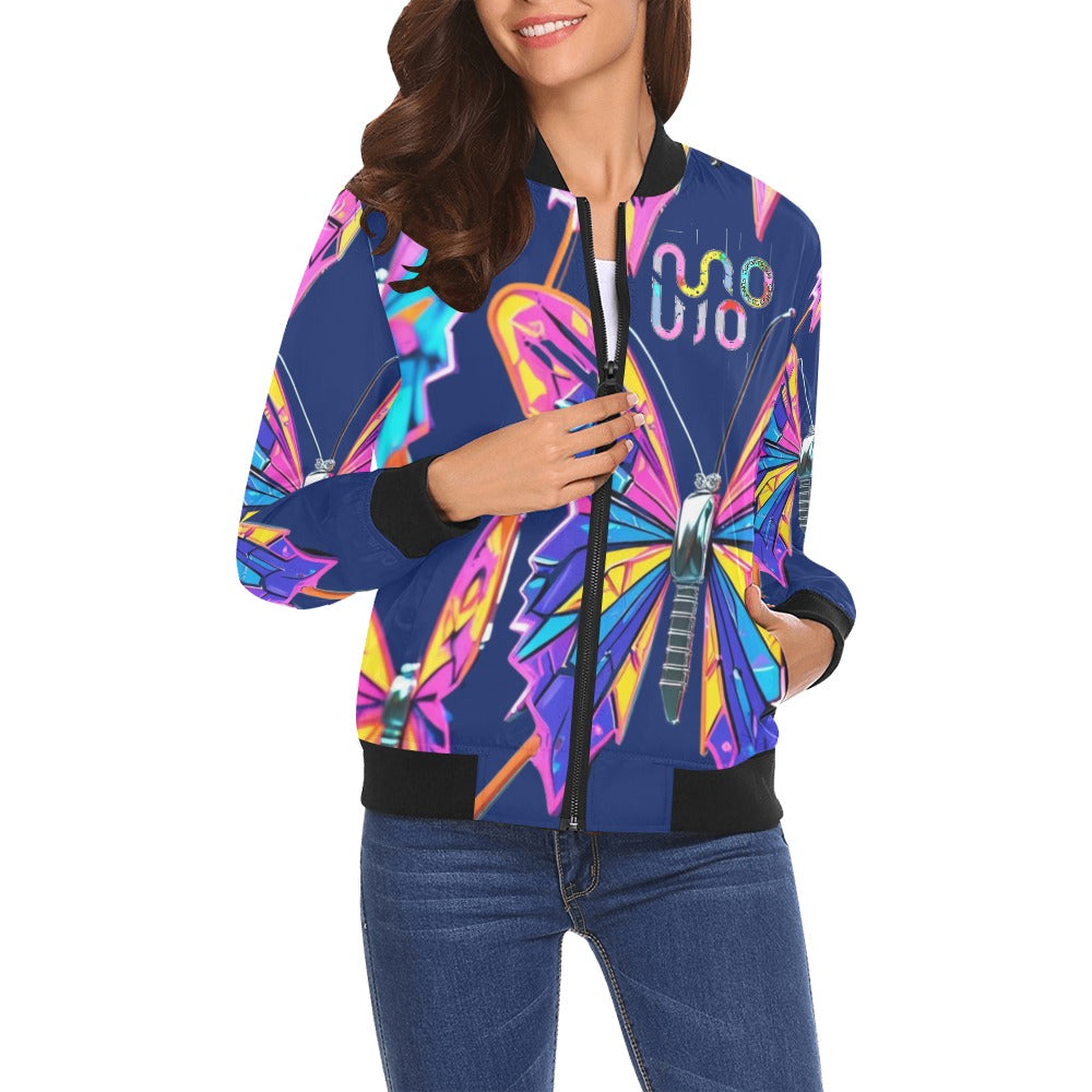 Bomber donna Wings of Noise blu stampa all-over streetwear urbano