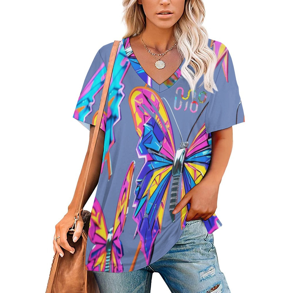 Maglietta donna Wings of Noise scollo a V stampa all-over – 8 varianti colore