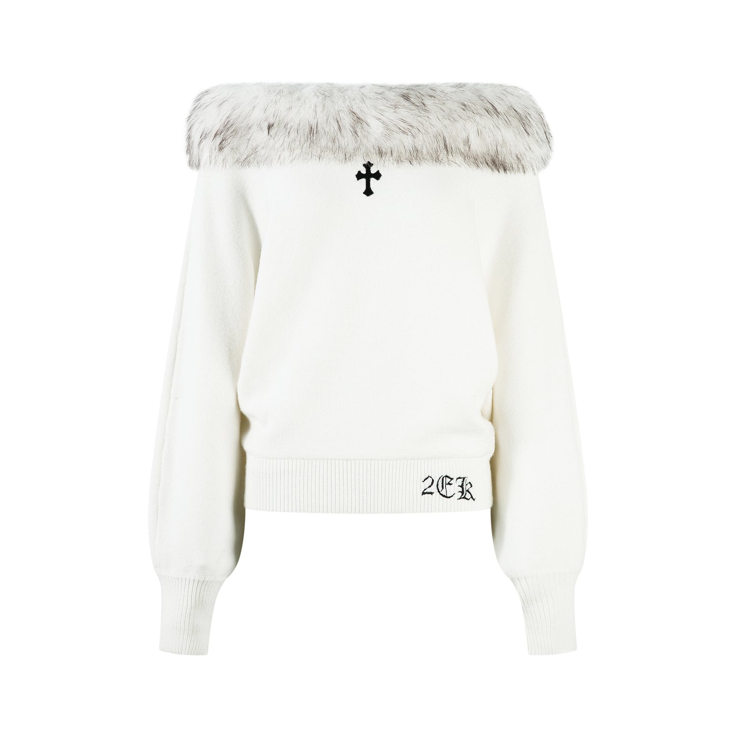 Maglione Donna Streetwear Off Shoulder Bianco Ricamo Croce