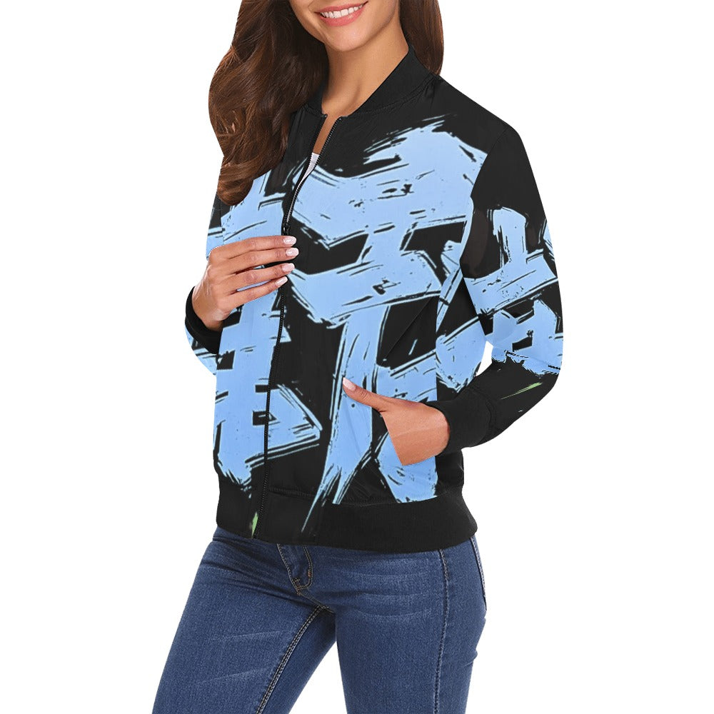 Bomber donna Momo Bloom nero stampa all-over turchese streetwear