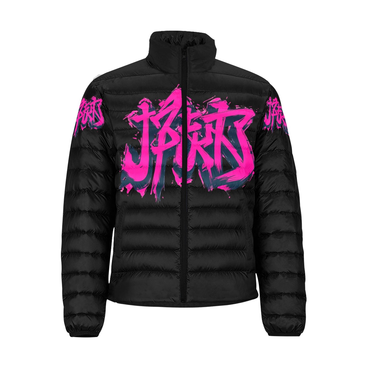Giacca Bomber Uomo Collezione JSports Momo K47 Neon Pulse ArmTag JSHUB – Base Nera con Stampa Centrale e Tag Spalle Fucsia Neon