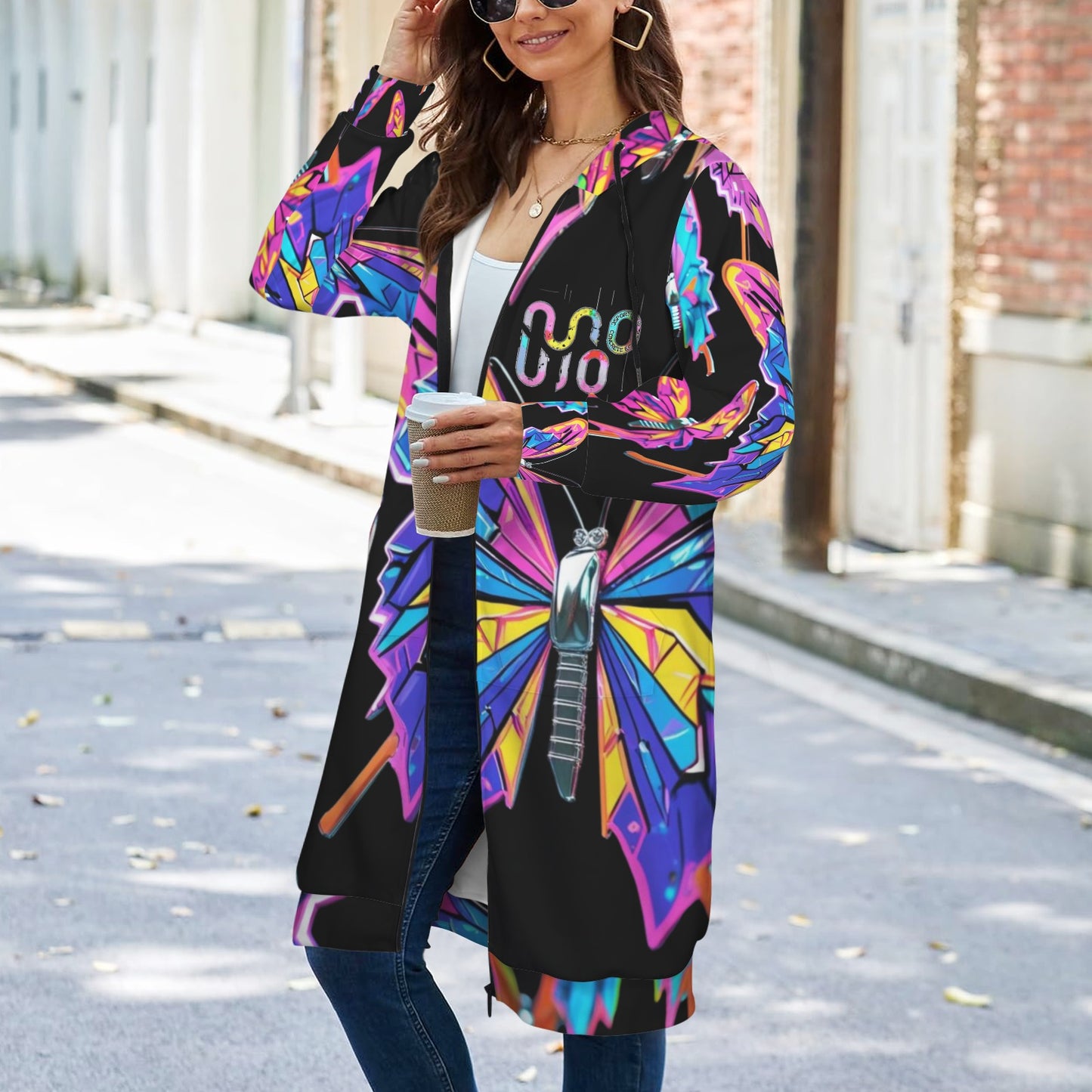 Giacca felpa donna con cappuccio e zip Wings of Noise stampa all-over – 10 varianti colore