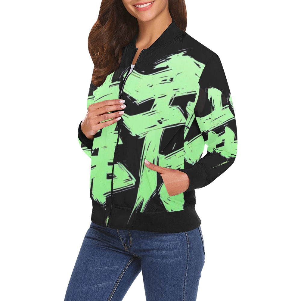 Bomber donna Momo Bloom nero stampa all-over verde lime streetwear