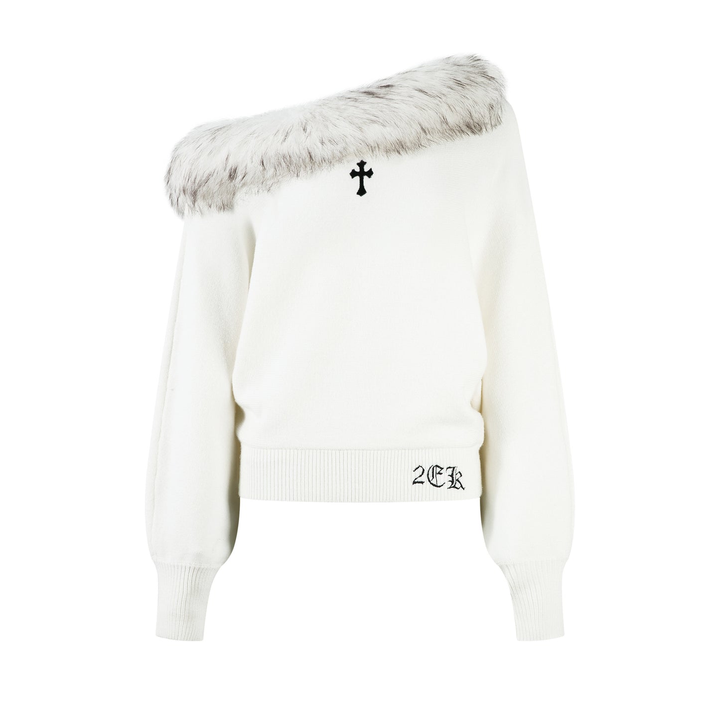 Maglione Donna Streetwear Off Shoulder Bianco Ricamo Croce