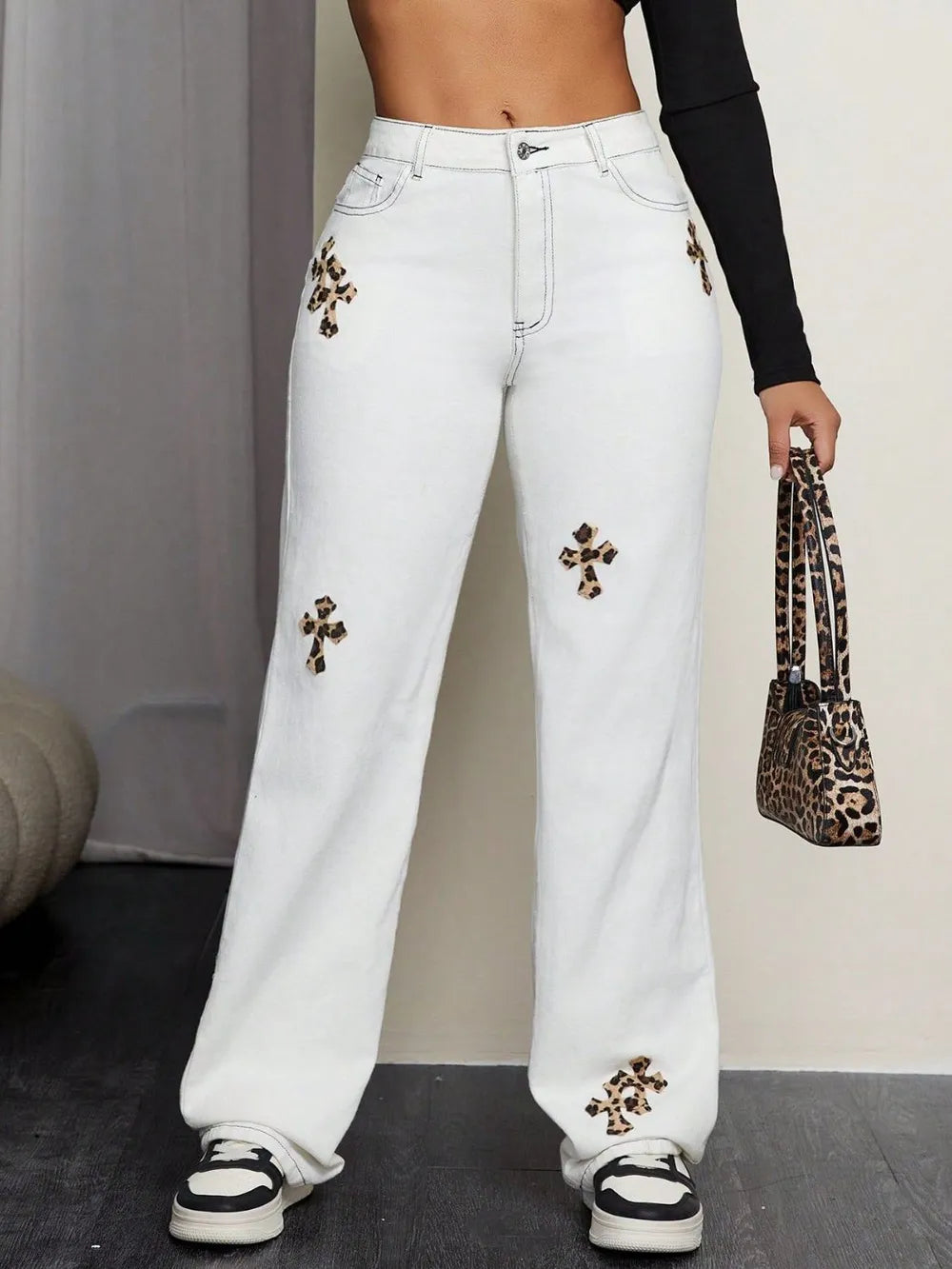 Jeans Straight Denim Leopard Patch