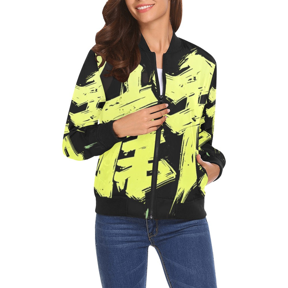 Bomber donna Momo Bloom nero stampa all-over gialla streetwear
