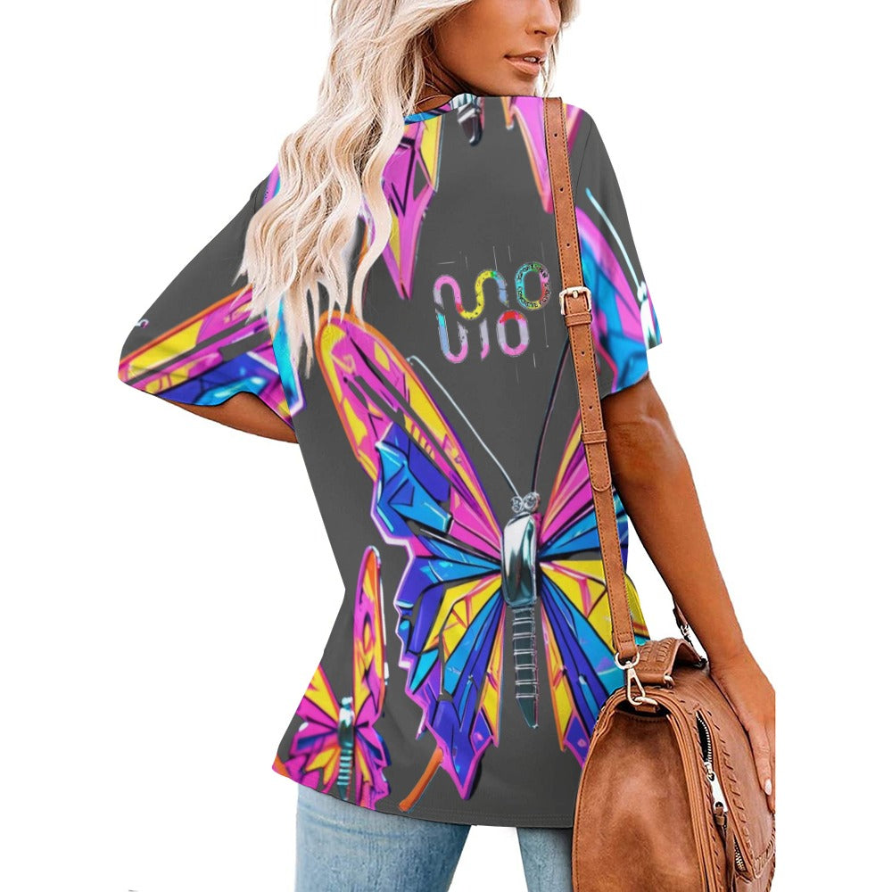 Maglietta donna Wings of Noise scollo a V stampa all-over – 8 varianti colore