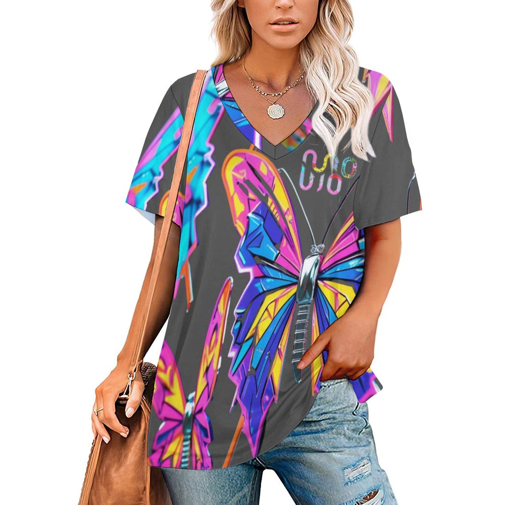 Maglietta donna Wings of Noise scollo a V stampa all-over – 8 varianti colore