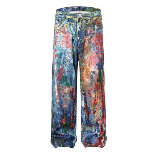 Jeans denim stampa schizzi multicolore