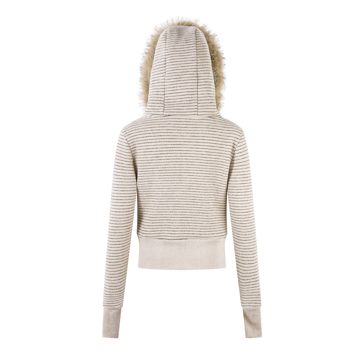 Felpa Donna Streetwear a Righe con Cappuccio Pelliccia e Zip