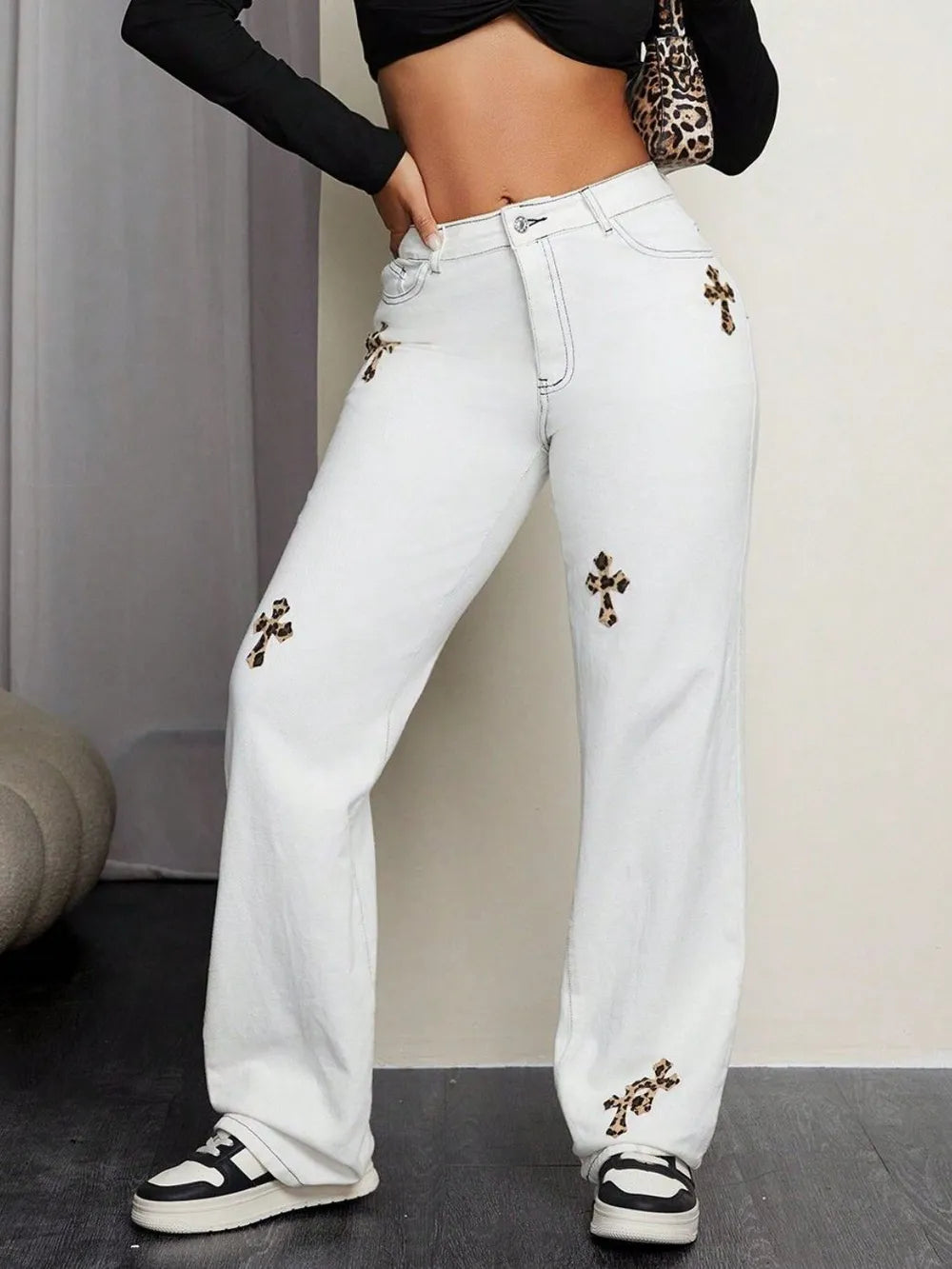 Jeans Straight Denim Leopard Patch