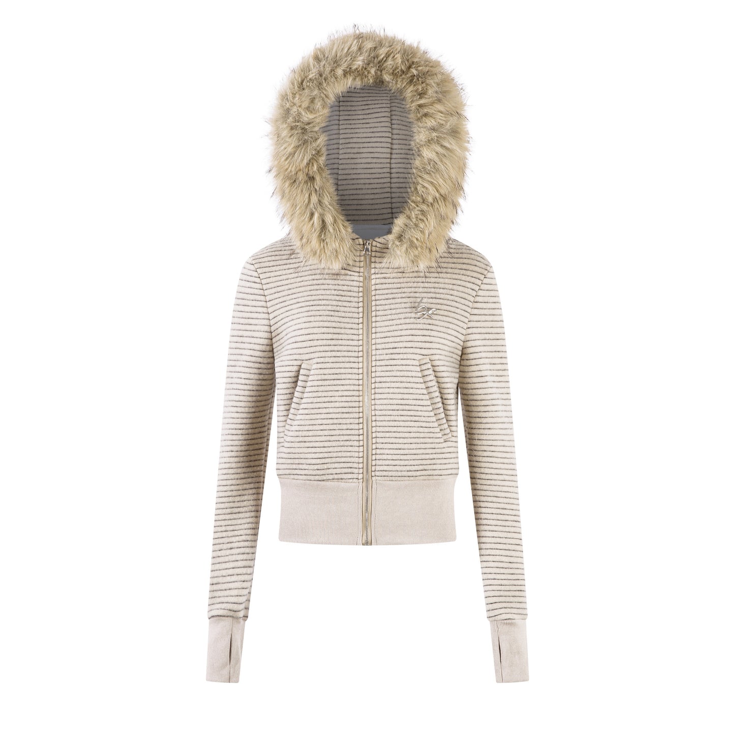 Felpa Donna Streetwear a Righe con Cappuccio Pelliccia e Zip