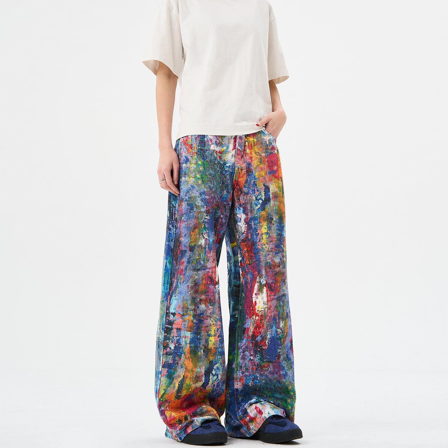 Jeans denim stampa schizzi multicolore