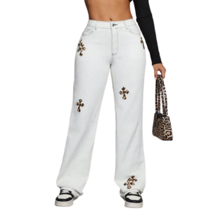 Jeans Straight Denim Leopard Patch