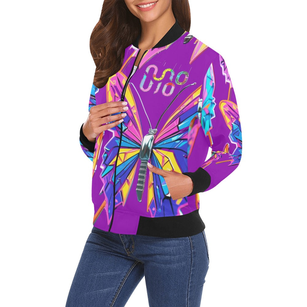 Bomber donna Wings of Noise viola stampa all-over streetwear urbano