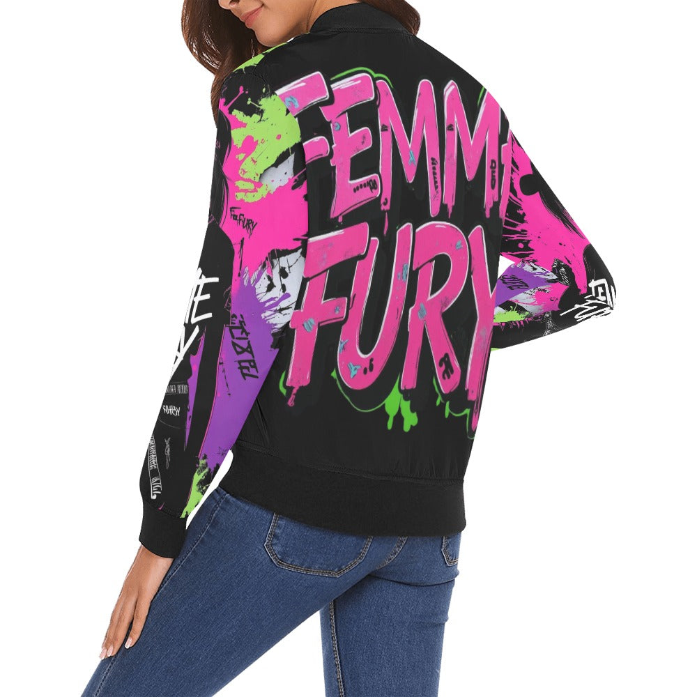 Bomber donna Femme Fury streetwear ribelle con stampa all over