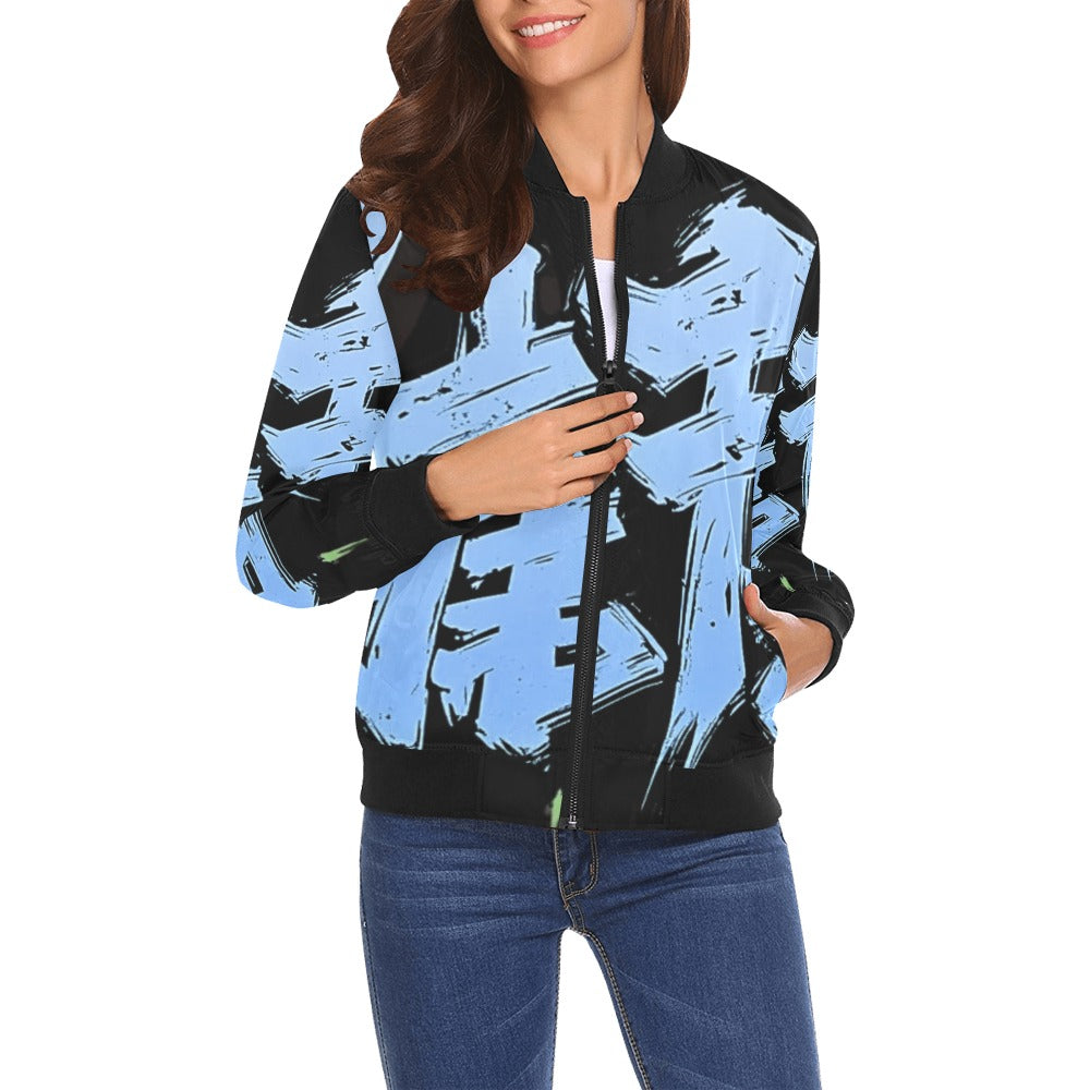 Bomber donna Momo Bloom nero stampa all-over turchese streetwear
