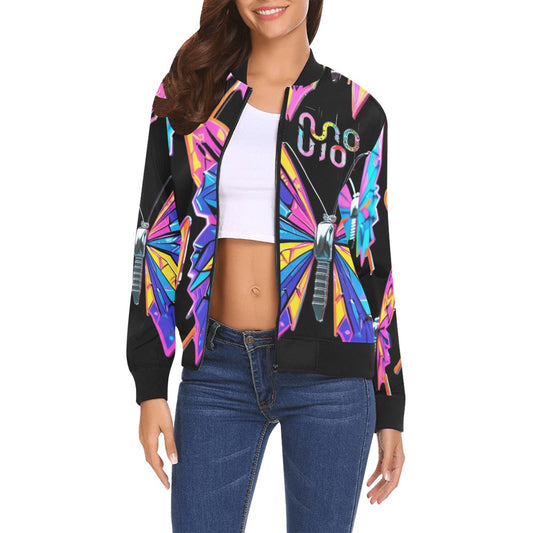 Bomber donna Wings of Noise nero stampa all-over streetwear urbano